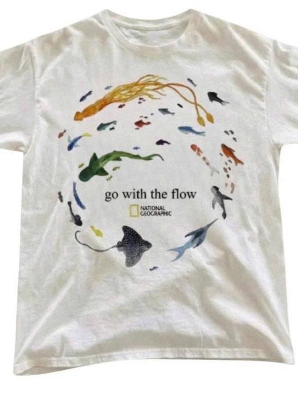 White Short Sleeve Tee with Multicolor Ocean Life Graphic